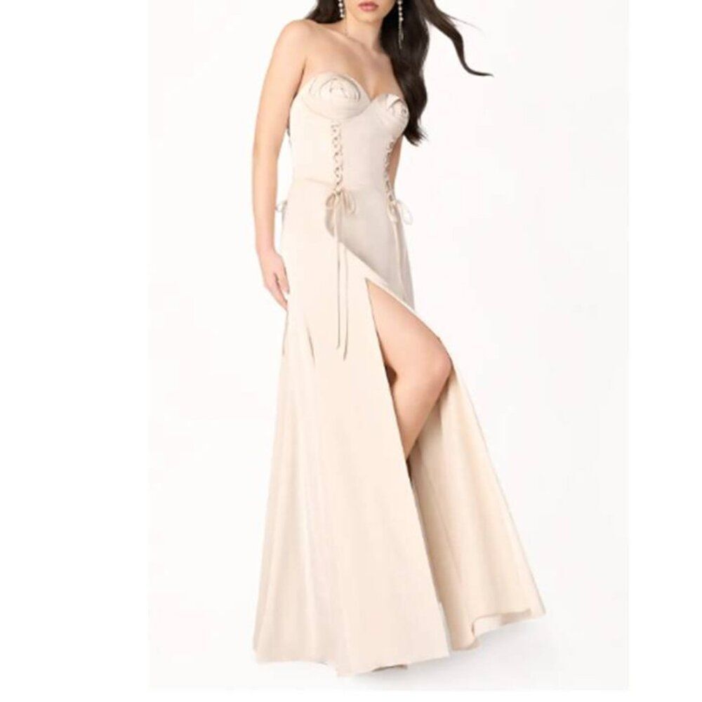 Azazie Lace Up Gown Stretch Maxi Willow Whimsical Cream Rosette Corset S12 $149